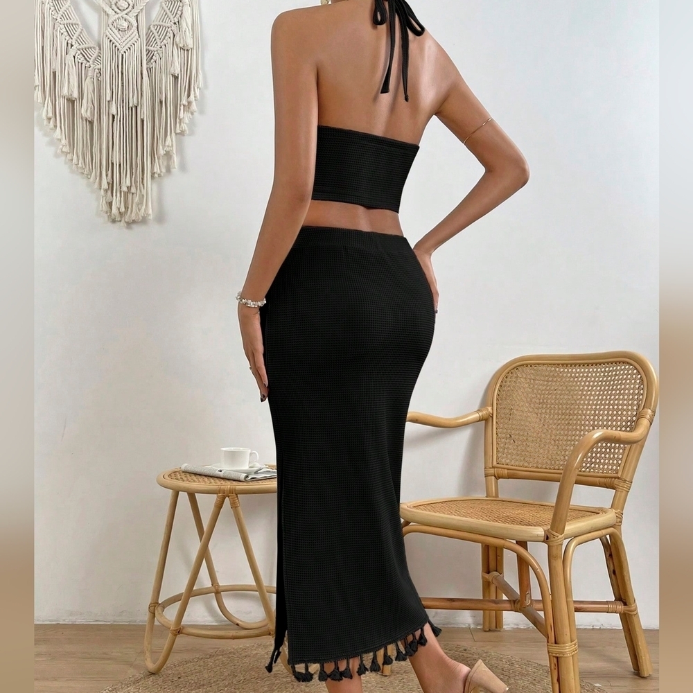 Tassel Trim Crop Halter Top & Split Thigh Skirt - Picture 2 of 6